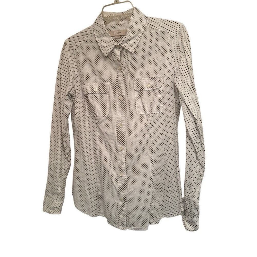 LOFT white with black polka dots button up blouse- size s